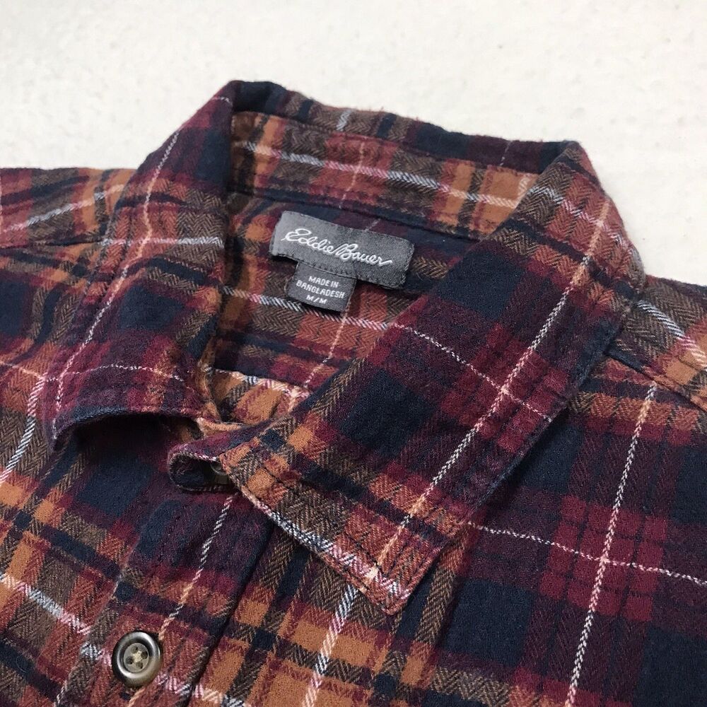EDDIE BAUER Flannel Shirt Men M Ocher Cranberry Plaid Outdoor Autumn Grunge Gorp - Picture 6 of 16